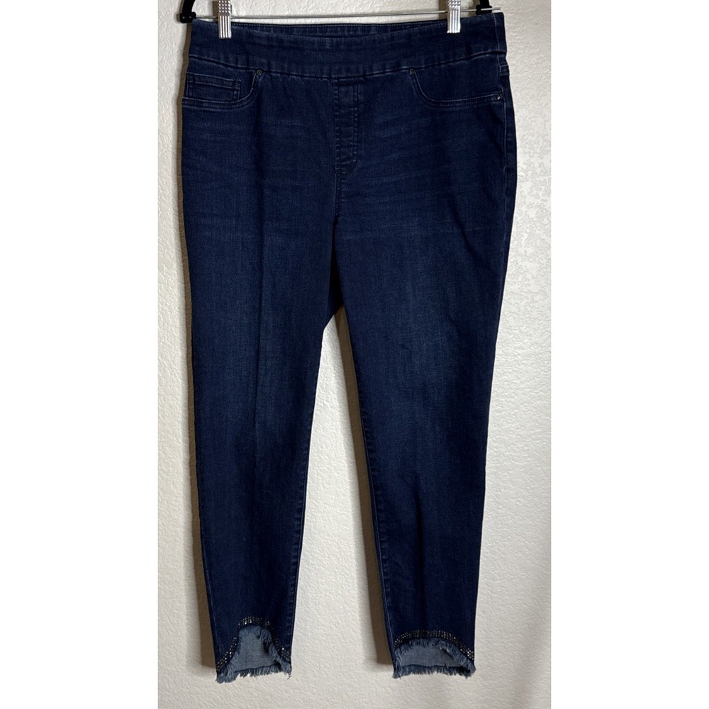 Chicos 1.5R US 10R Jegging Ankle Dark Blue Rhinestone Fringe Hem Pull On Pant